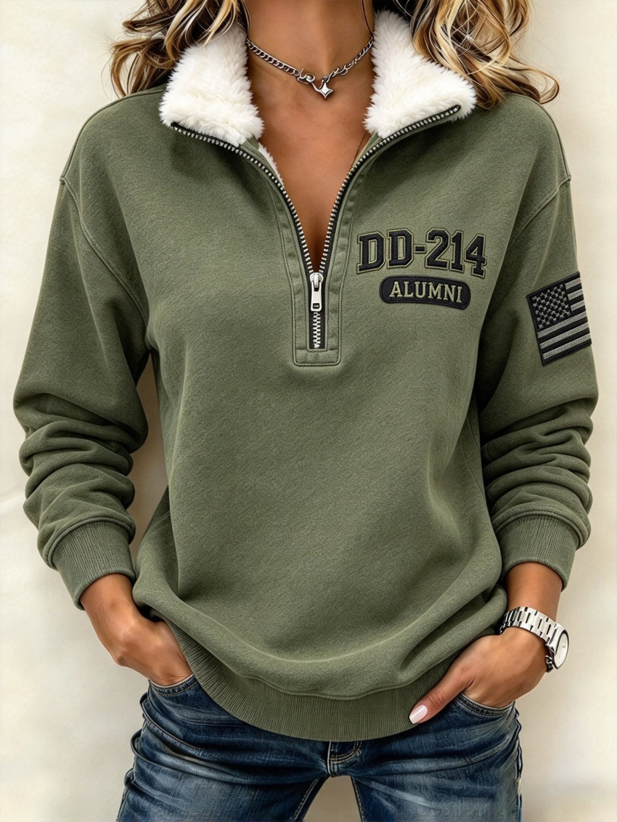 Women's Veteran Pride DD-214 Printed Patchwork and Fur Collar Casual Long-Sleeve Sweatshirt