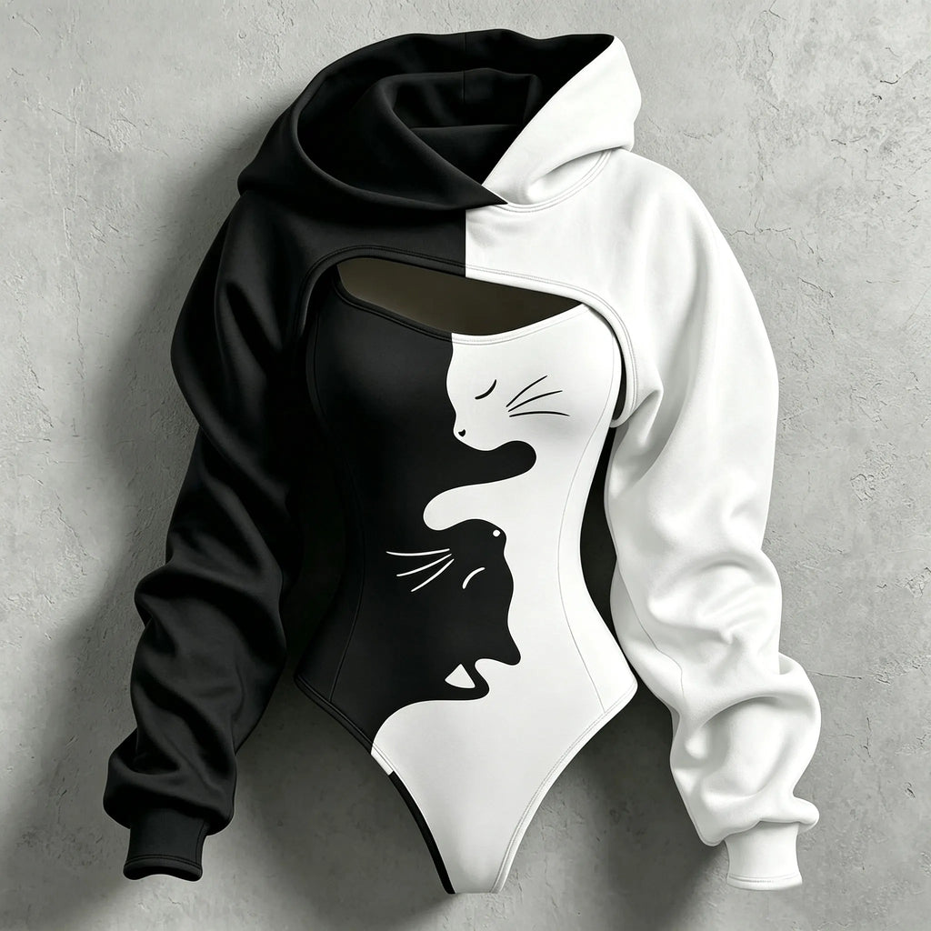 Women's Retro Halloween Color Block Cat Print Hoodie Two-piece Set