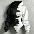Women's Retro Halloween Color Block Cat Print Hoodie Two-piece Set