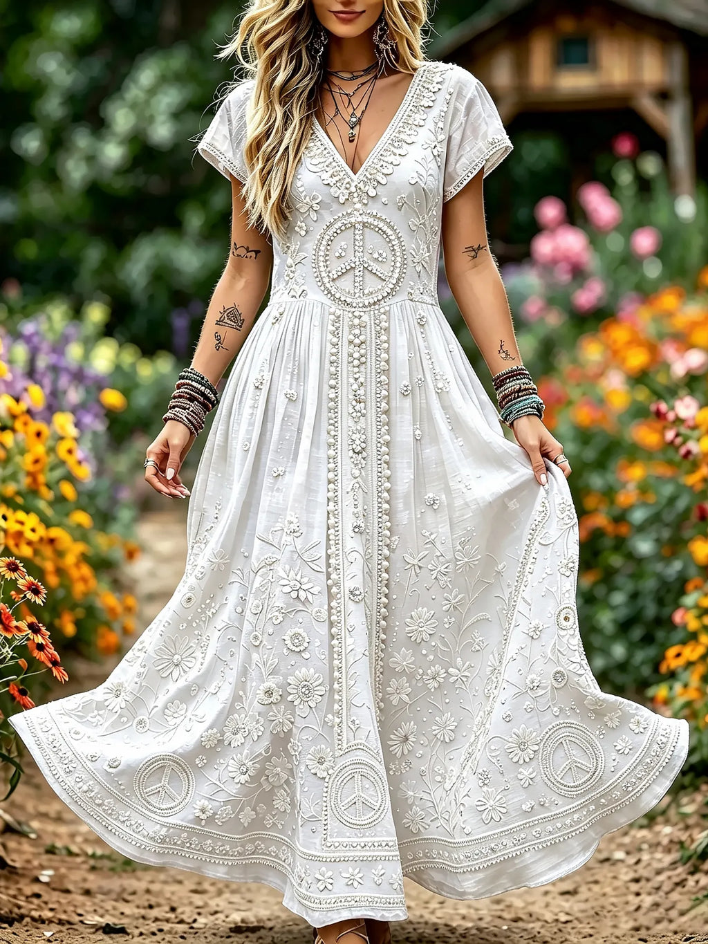 Women's Retro Hippie Peace Floral Art Short Sleeve Linen Blend Maxi Dress