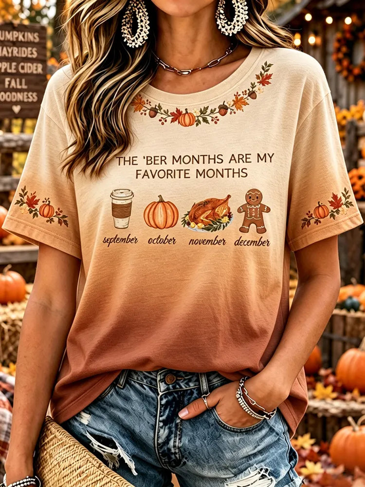 Women's Retro Halloween Fall Print Crew Neck Short Sleeve T-shirt