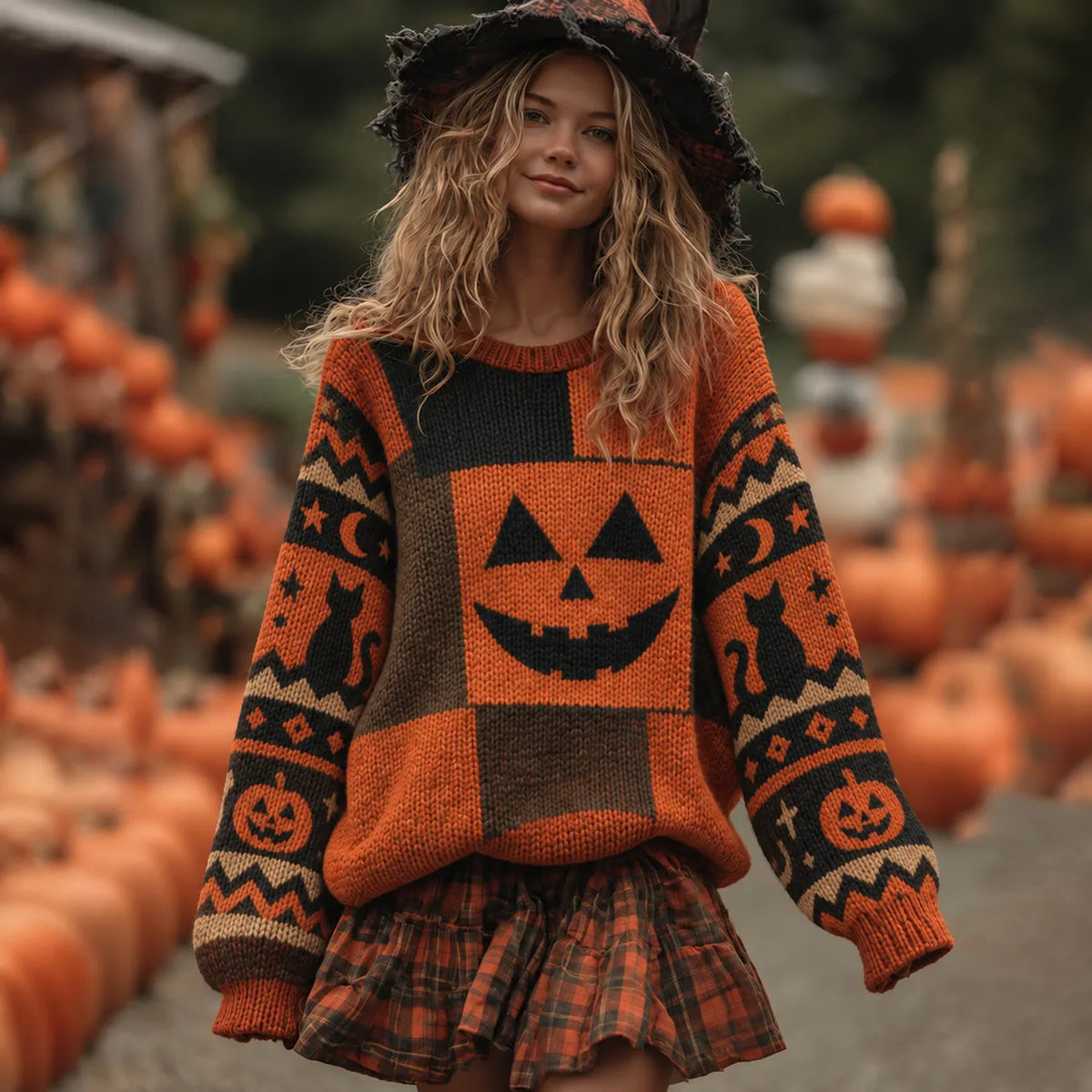 Women's Vintage Halloween Pumpkin Face With Cat Print Knitted Comfort Round Neck Sweater