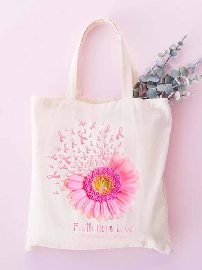 Pink Ribbon Sunflower Faith Hope Love Breast Cancer Awareness Warrior Canvas Bag