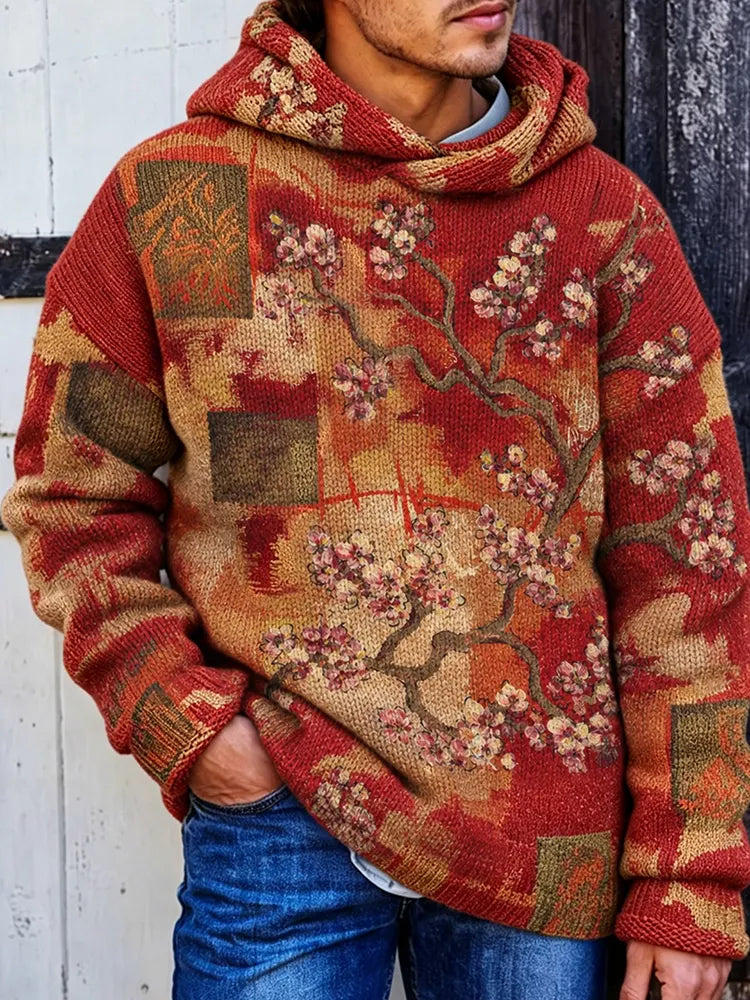 Men's Vintage Japanese  Plum Blossom Jacquard Warm Hoodie