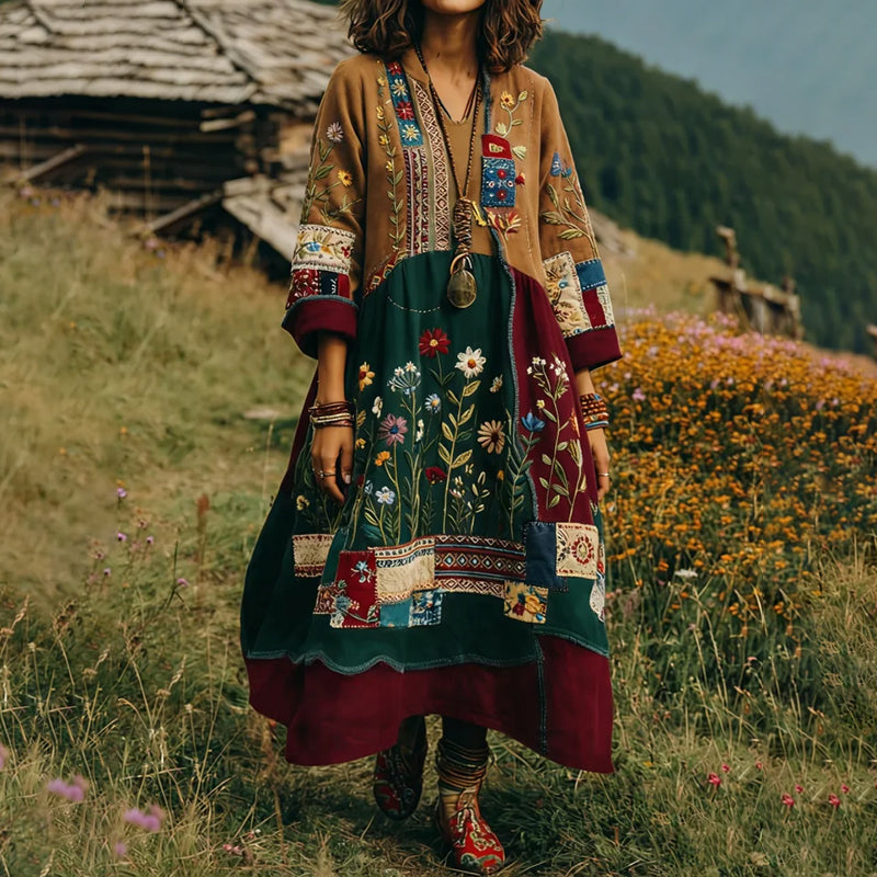 Women's Bohemian Retro Ethnic Floral Color-blocked Art Print Flowy Linen Blend Long-sleeve Casual Dress