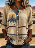 Women's Western Independence Day Cowboy Sunset Printed T-shirt