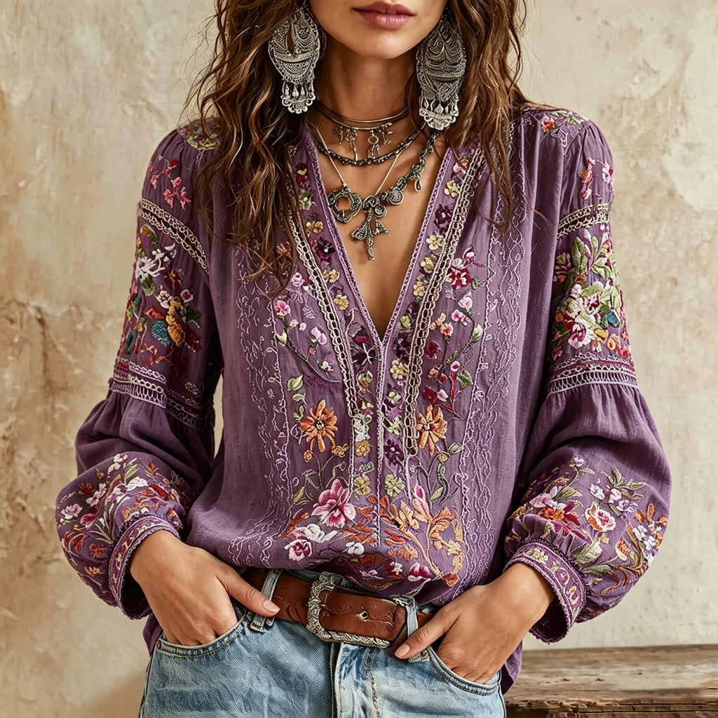 Vintage Classy Gradient Purple Floral Art Linen Blend Loose Long Sleeve Shirt