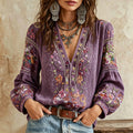 Vintage Classy Gradient Purple Floral Art Linen Blend Loose Long Sleeve Shirt