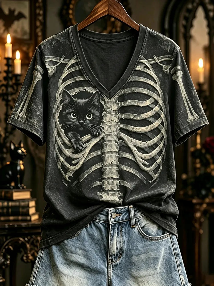 Women's Halloween Peeking Black Cat X-ray Rib Cage 3d Print V Neck T-shirt