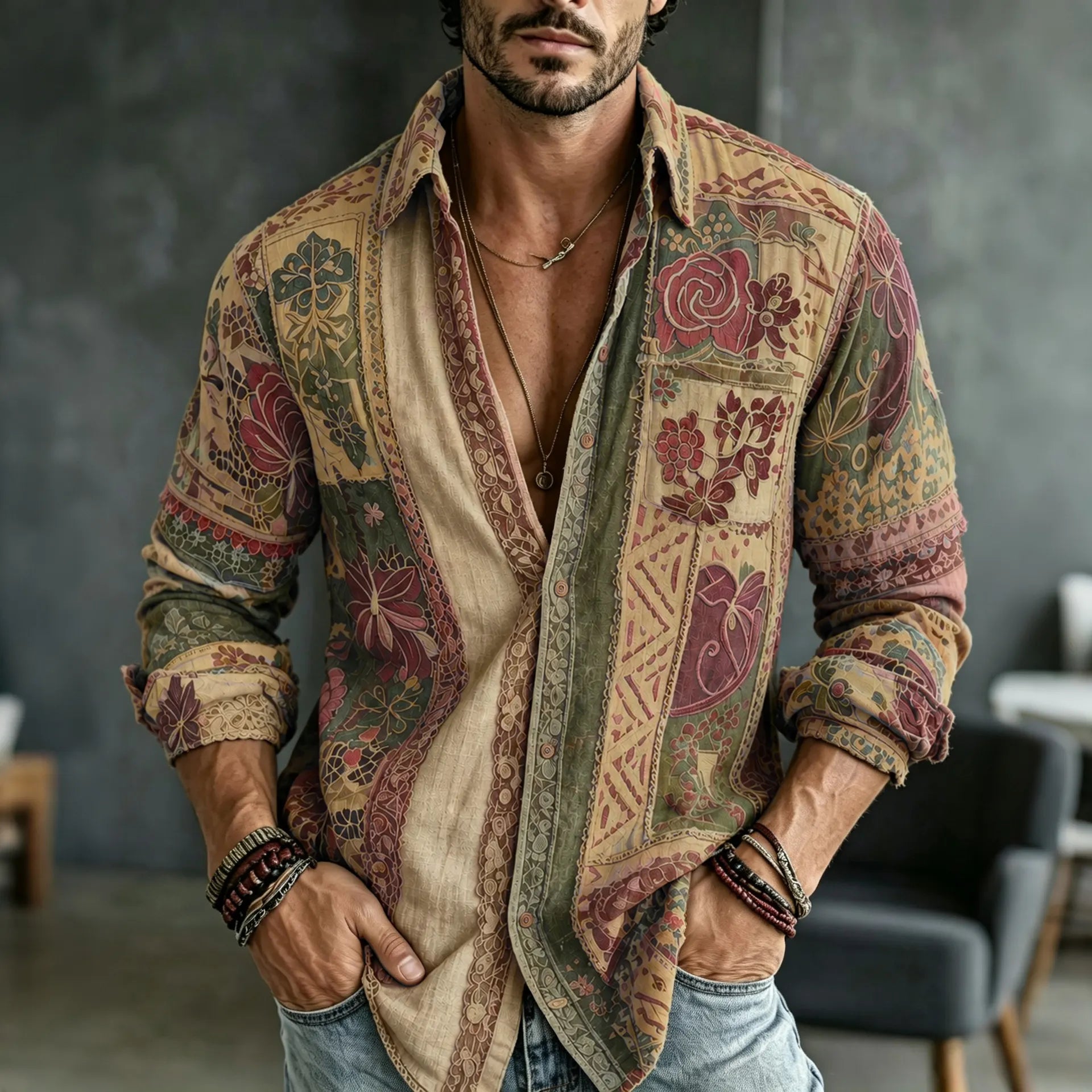 Men's Retro Floral  Patchwork Embroidered Art Print Flowy Linen Blend Casual Shirt