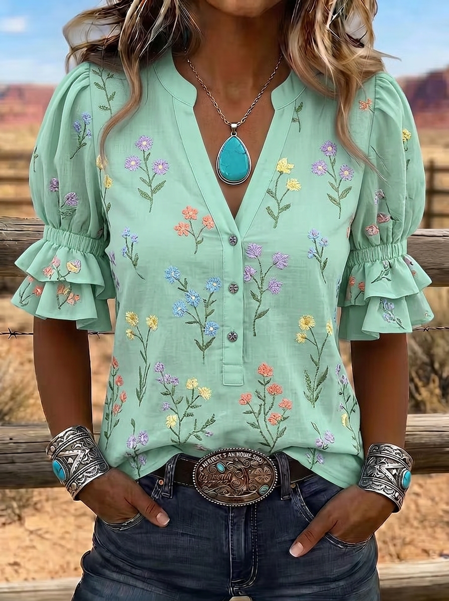 Women's Western Vintage Floral Embroidered Ruffle Sleeve Top