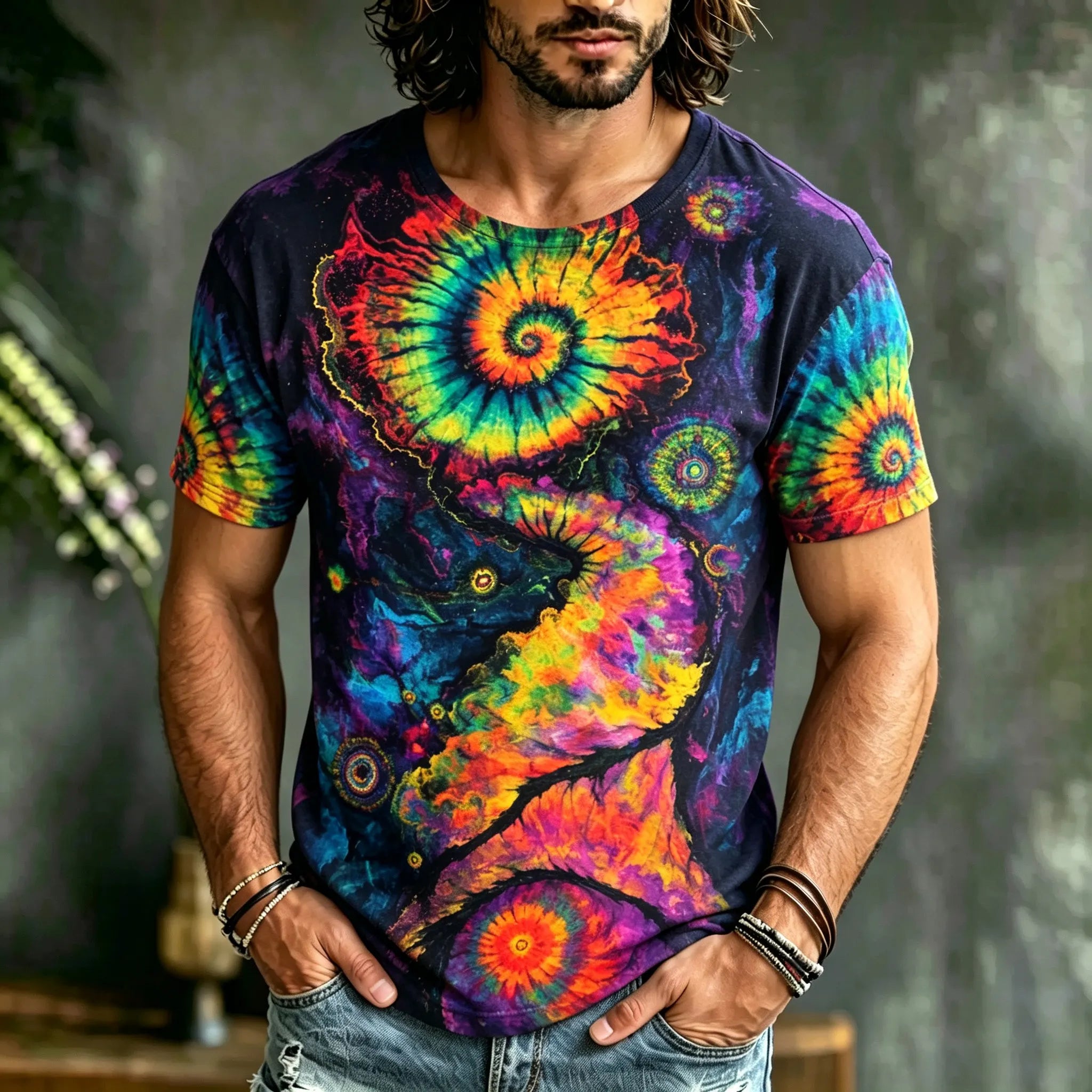 Men's Retro Hippie Tie-dye Art Print Casual T-shirt