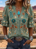 Women's Western Vintage Floral Embroidered Printed Top