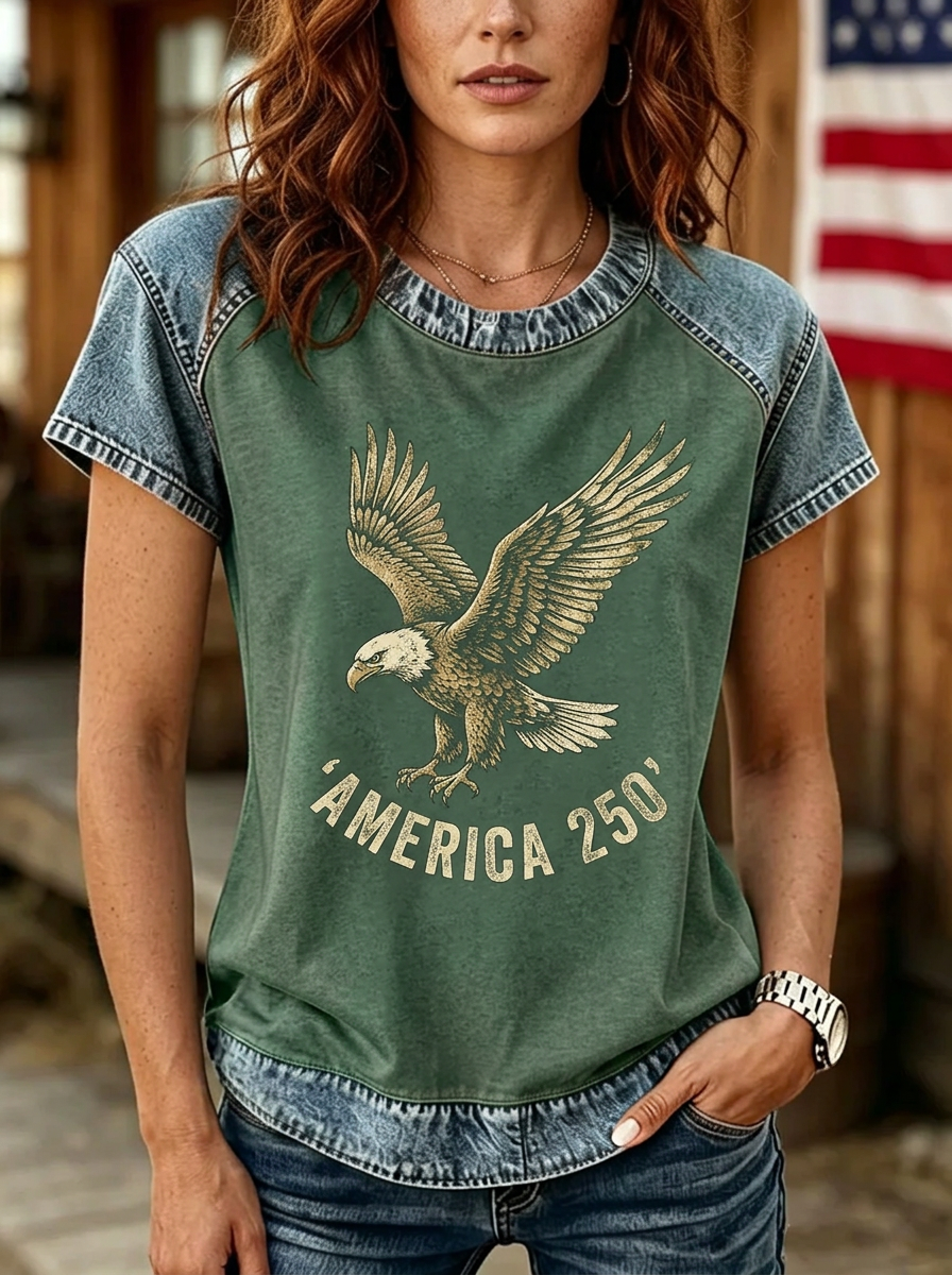 Women's Western Independence Day Eagle America 250 Printed T-shirt-2