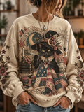 Women's Witch Cat American Flag Pattern Crew Neck Sweatshirt