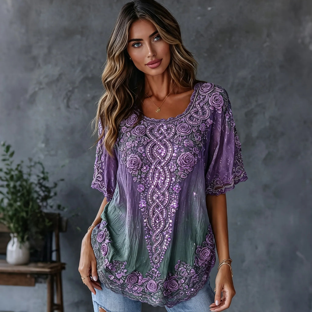 Women's Retro Celtic Knot Floral Gradient Art Flowy Linen Blend Casual Tops