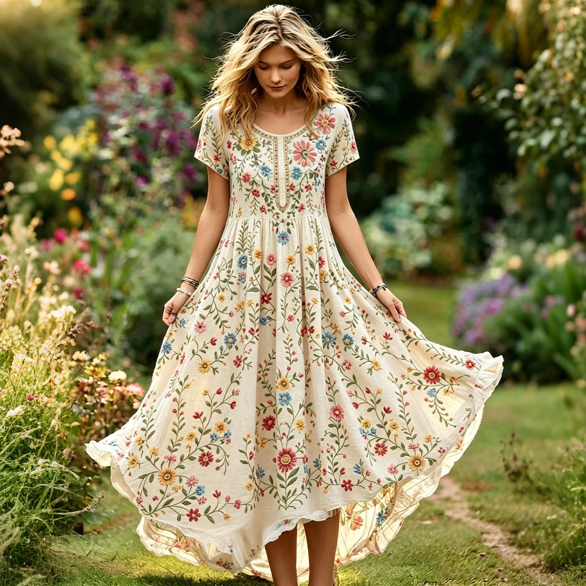 Women's Vintage Floral Pattern Art Embroidered Linen Blend Short Sleeve Dress