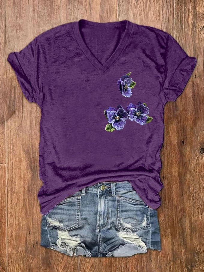 Women's Purple Floral Pansy Dementia Alzheimer's Disease Awareness Print V-Neck T-Shirt