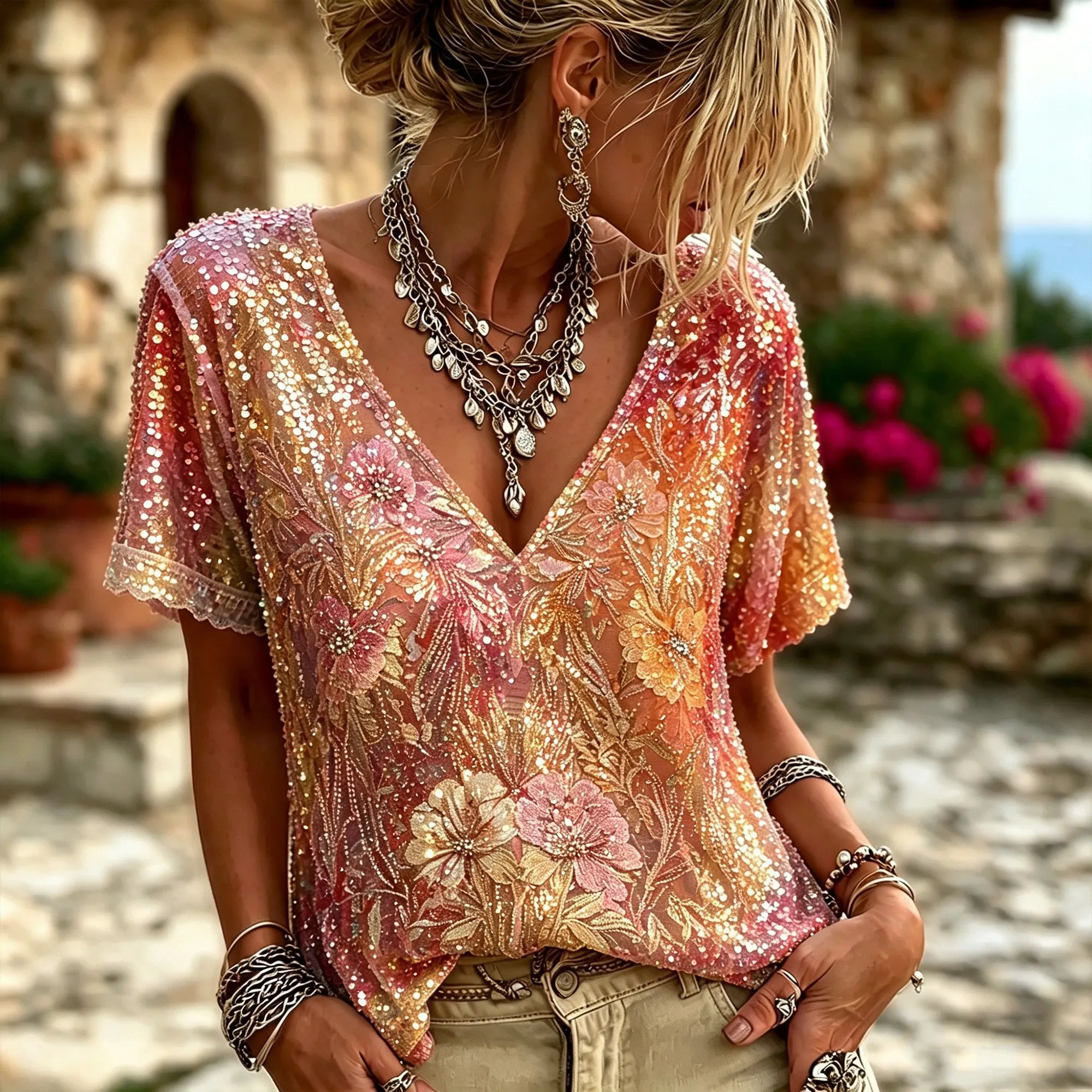 Iridescent Rainbow Sequin Floral Embroidery Mesh V-neck Blouse For Women, Sparkly Multicolor Rhinestone Short Sleeve Bohemian Party Vacation Top