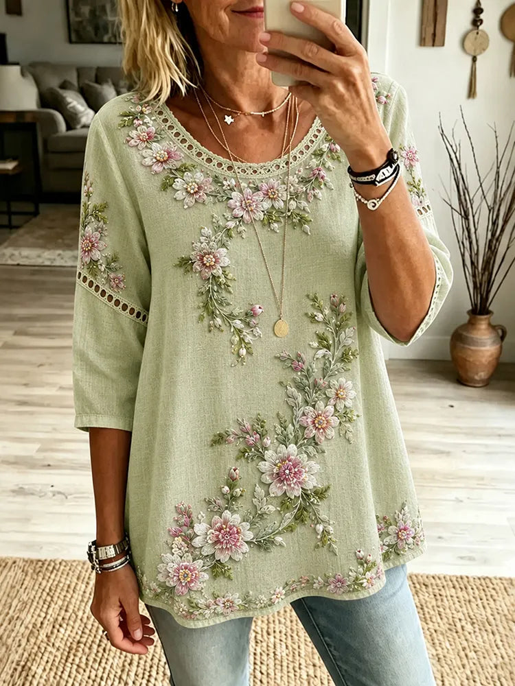 Women's Floral Embroidered Art Crew Neck Linen Blend T-shirt