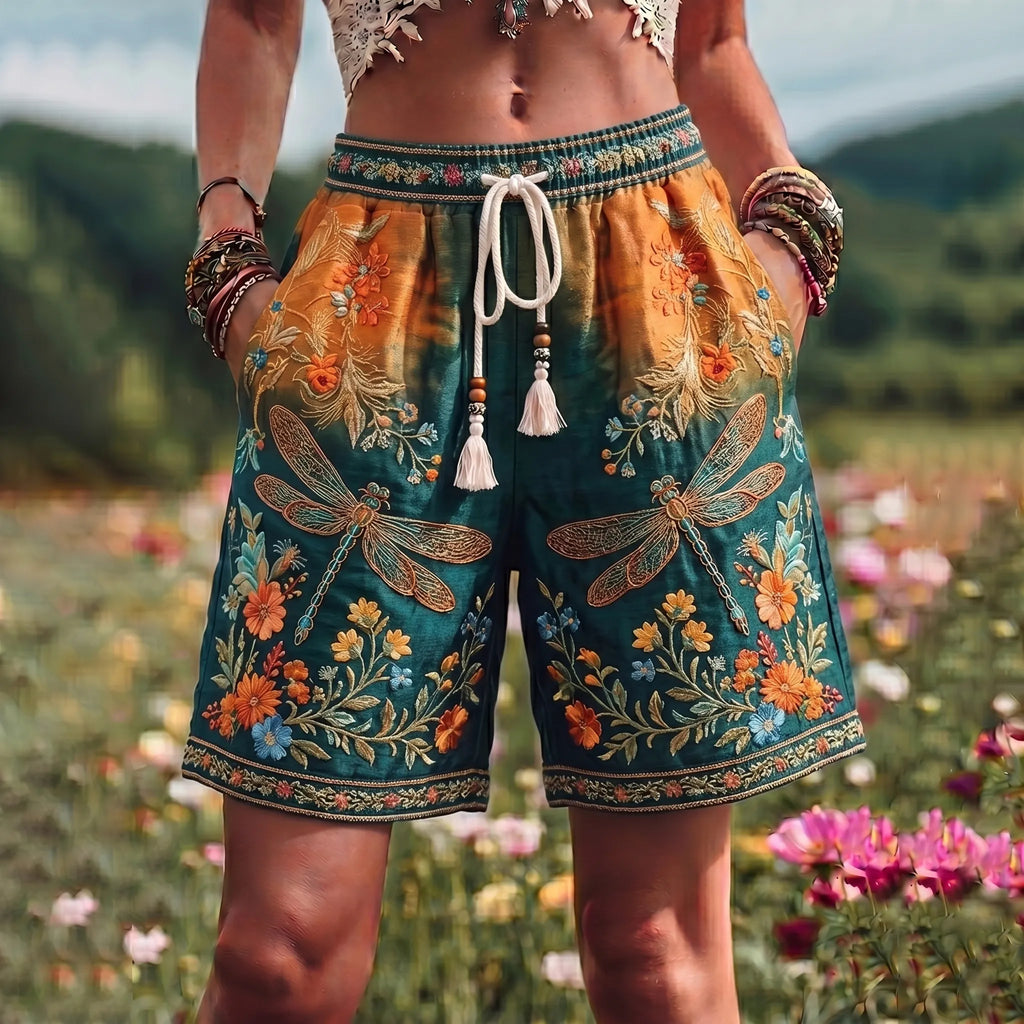 Women's Retro Floral And Dragonfly Hippie Pattern Art Embroidered  Linen Blend Shorts