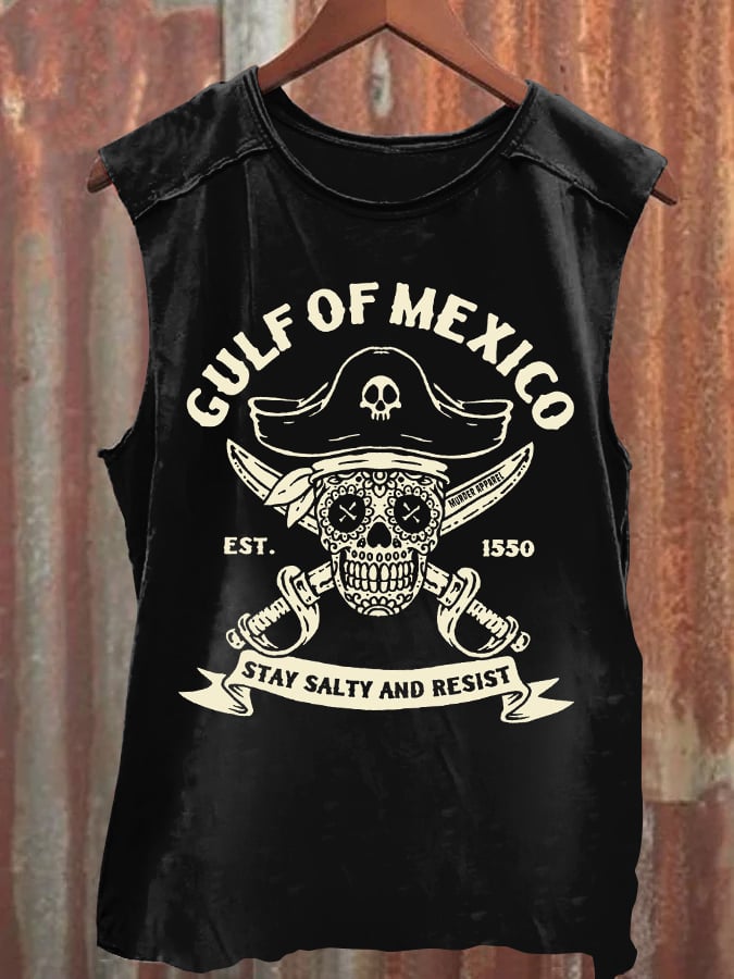 Men'S Retro Gulf Of Mexico Est 1550 Stay Salty And Resist Print Sleeveless Tank Top