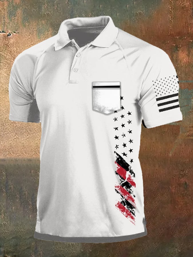 Men's Vintage American Flag Independence Day Pocket Colorblock Polo Shirt