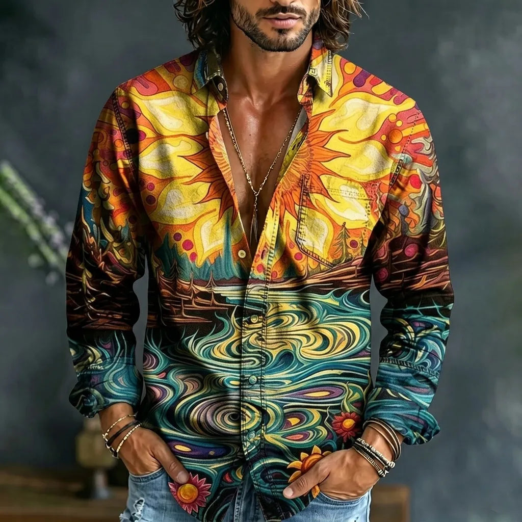 Men's Retro Hippie Sun Art Print Long Sleeve Shirt