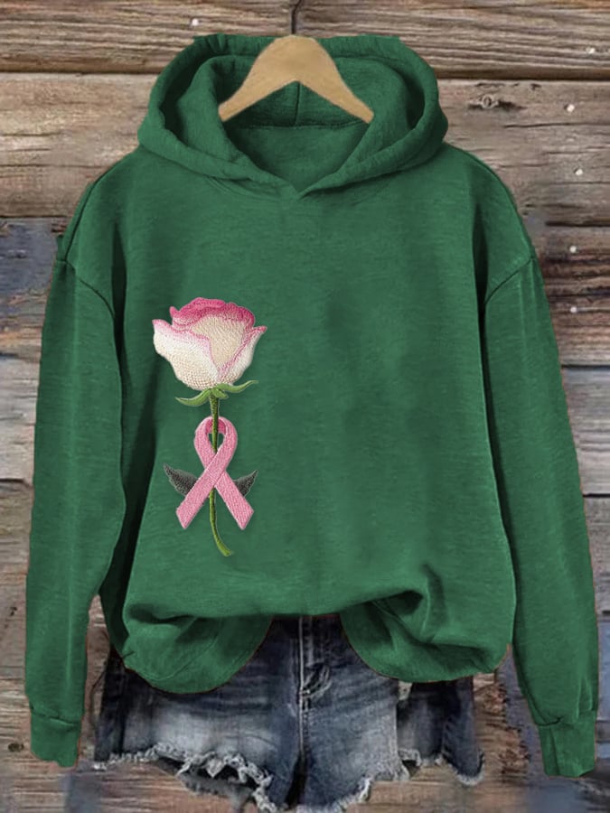 Women's Pink Breast Cancer Floral Print Hoodie