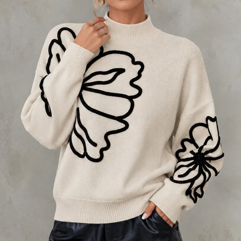 Elegant Long-sleeved Knit Top With A High Neck And 3d Floral Details
