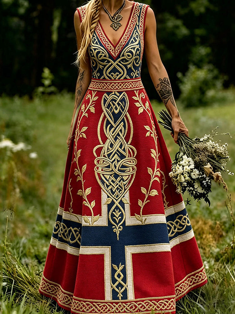 Retro Color-blocked Viking Ethnic Print Cotton And Linen Dress