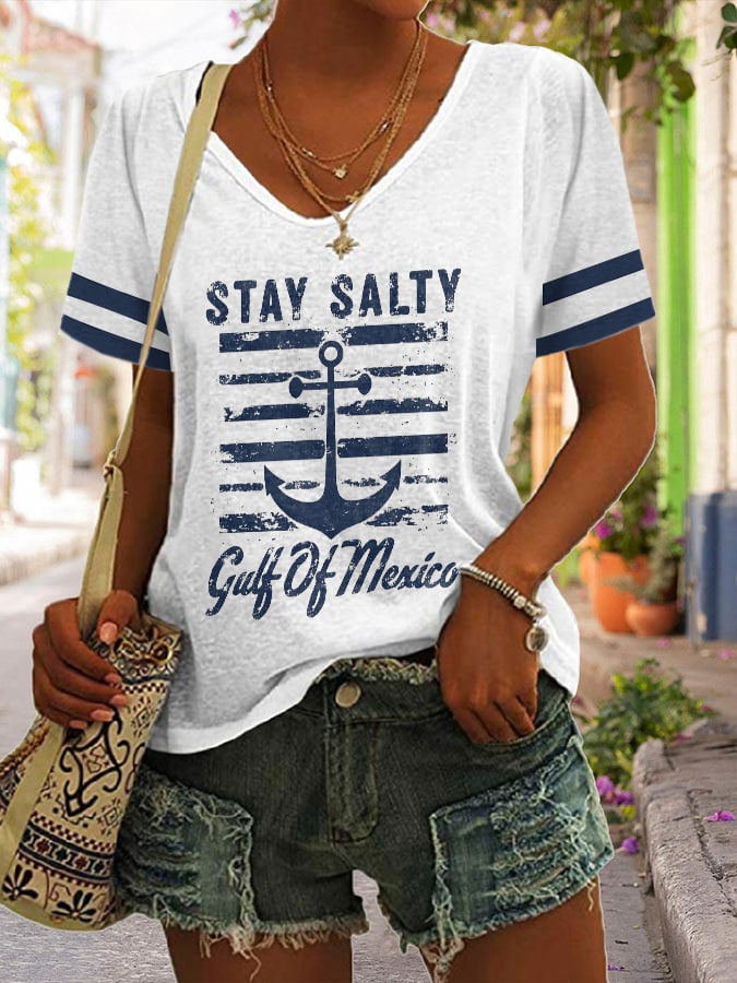 Women's Stay Salty Gulf Of Mexico Print V Neck T-Shirt