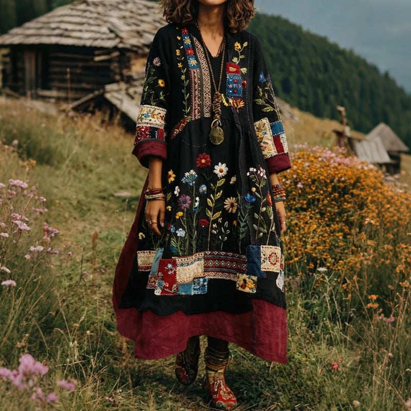 Women's Bohemian Retro Ethnic Floral Color-blocked Art Print Flowy Linen Blend Long-sleeve Casual Dress