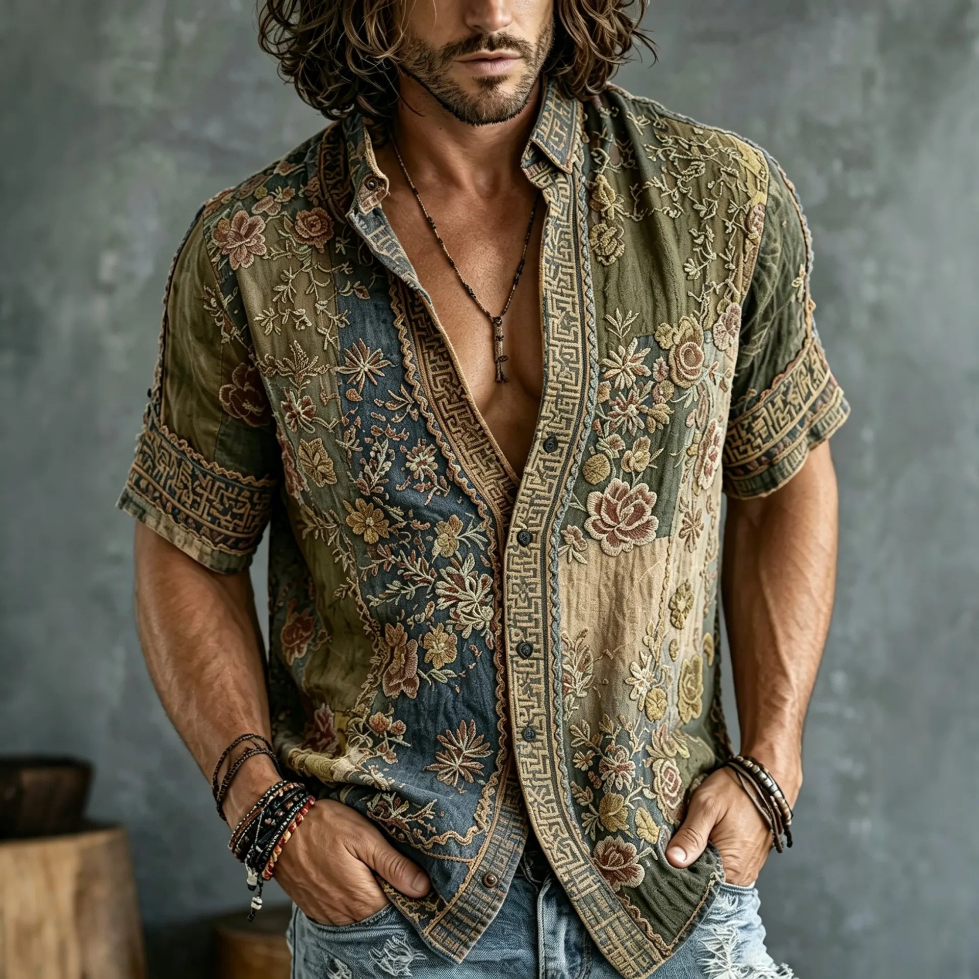 Men's Vintage Floral Patchwork Embroidered Art Print Flowy Linen Blend Casual Shirts