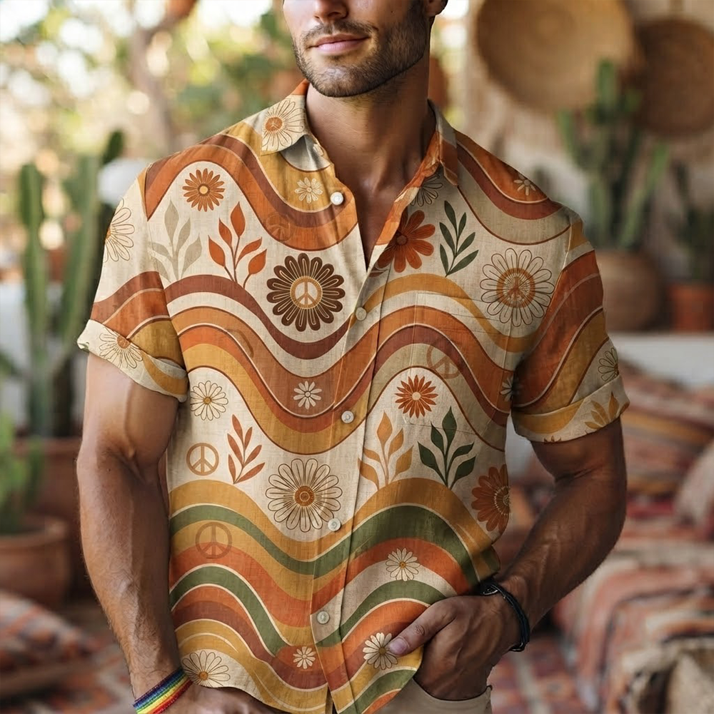 Men's Retro 70s Groovy Wave And Daisy Flower Print Short Sleeve Shirt