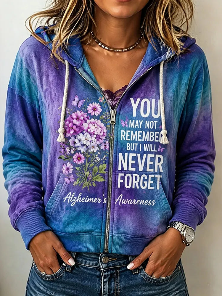 Women's Alzheimer's Awareness Support With Purple Floral Print Comfortable Warm Zip-up Hoodie