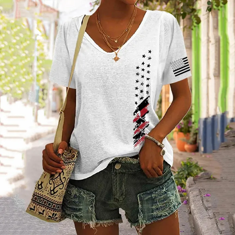 Women's America Flag Pattern Print V Neck Casual T-Shirt