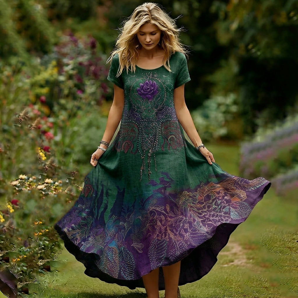 Women's Vintage Purple Rose Gradient Pattern Casual Round-neck Dress