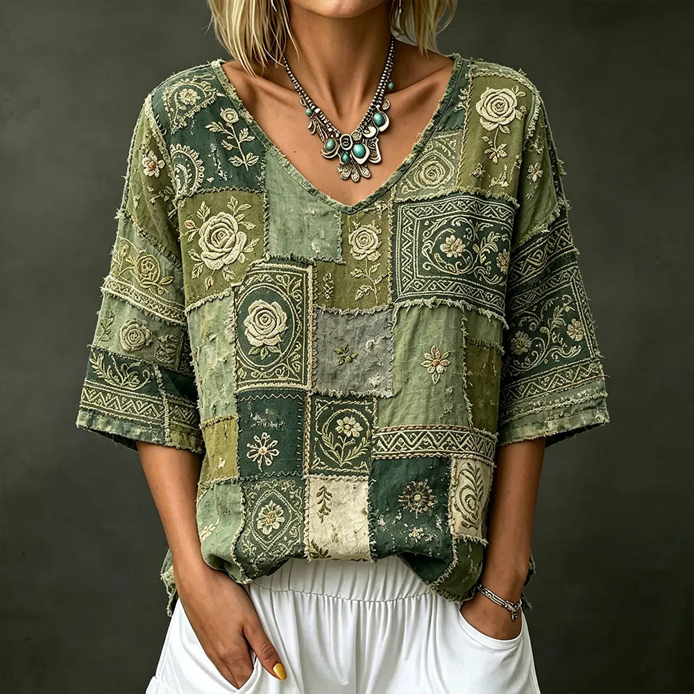 Women's Vintage Floral Art Patchwork Embroidery Linen Blend Comfortable V-neck Short Sleeve Top