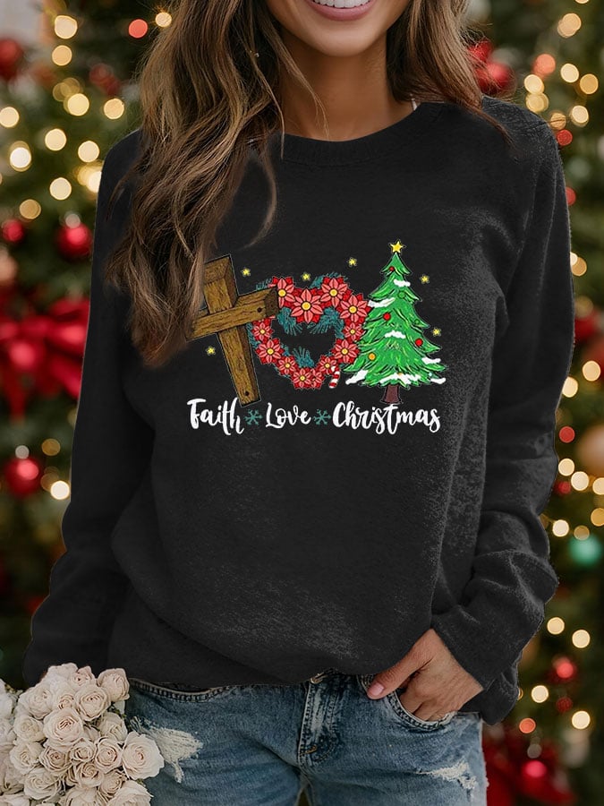 Women's Faith Love Christmas Print Crew Neck Sweatshirt
