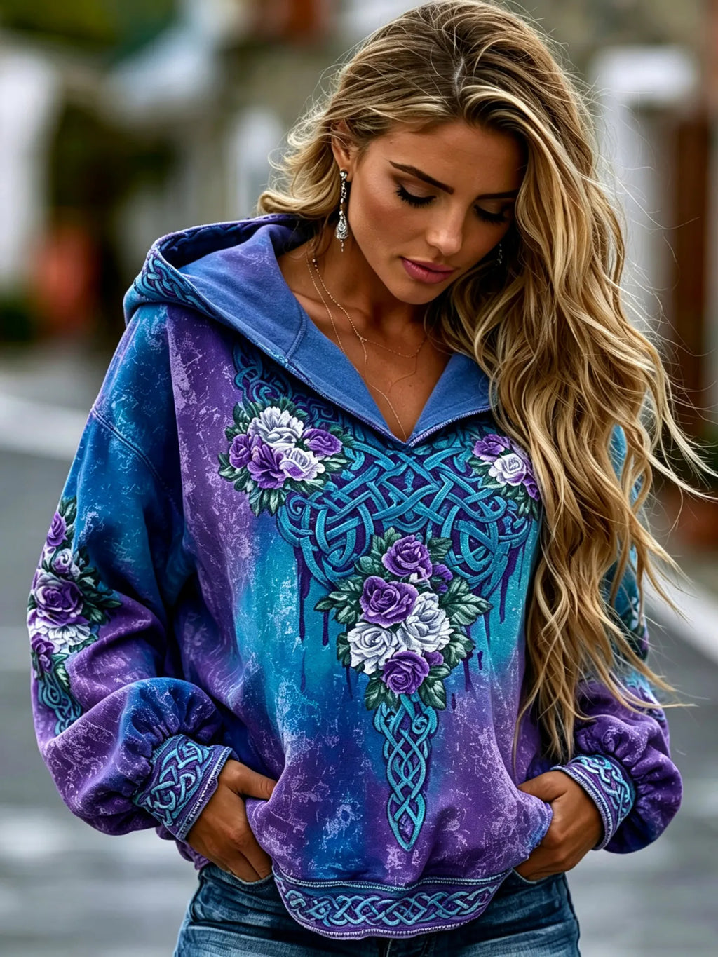 Women's Vintage Viking Celtic Knot And Rose Print Comfortable Warm Hoodie