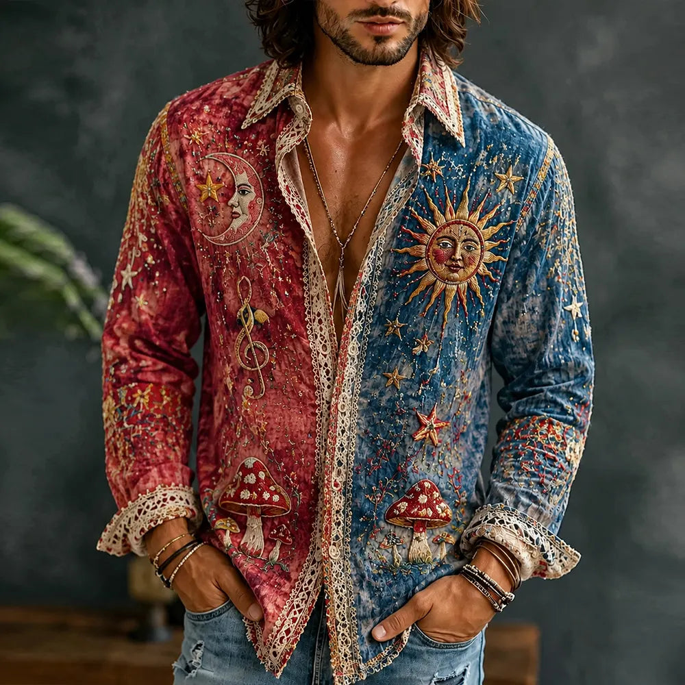 Men's Hippie Distressed Sun Moon And Stars Art Color-blocking Cotton Linen Shirt