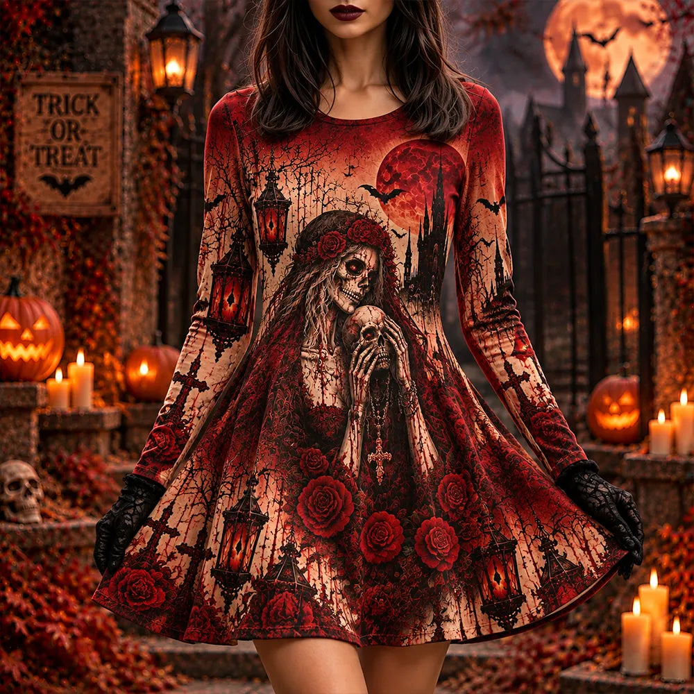 Women's Halloween Spooky Skeleton & Rose Print Long Sleeve Dress