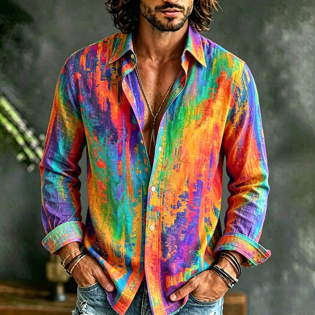Men's Retro Rainbow Mottled Art Print Long Sleeve Linen Shirt