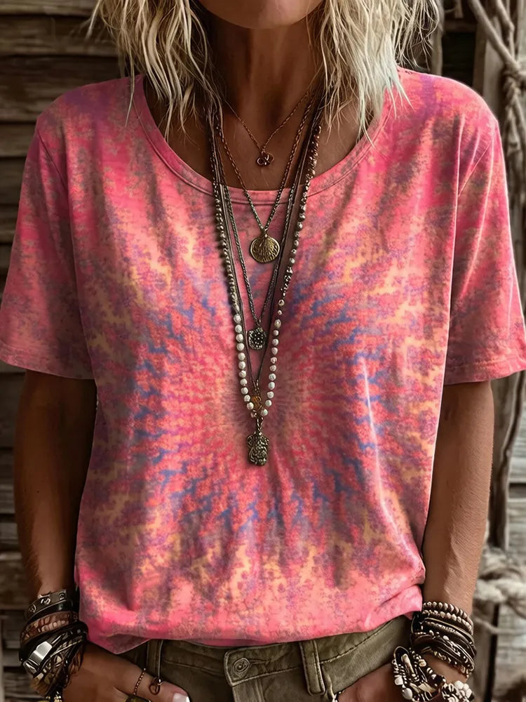 Women's Vintage Ethnic Pink Mandala Art Printed Casual Round Neck Short Sleeve T-shirt