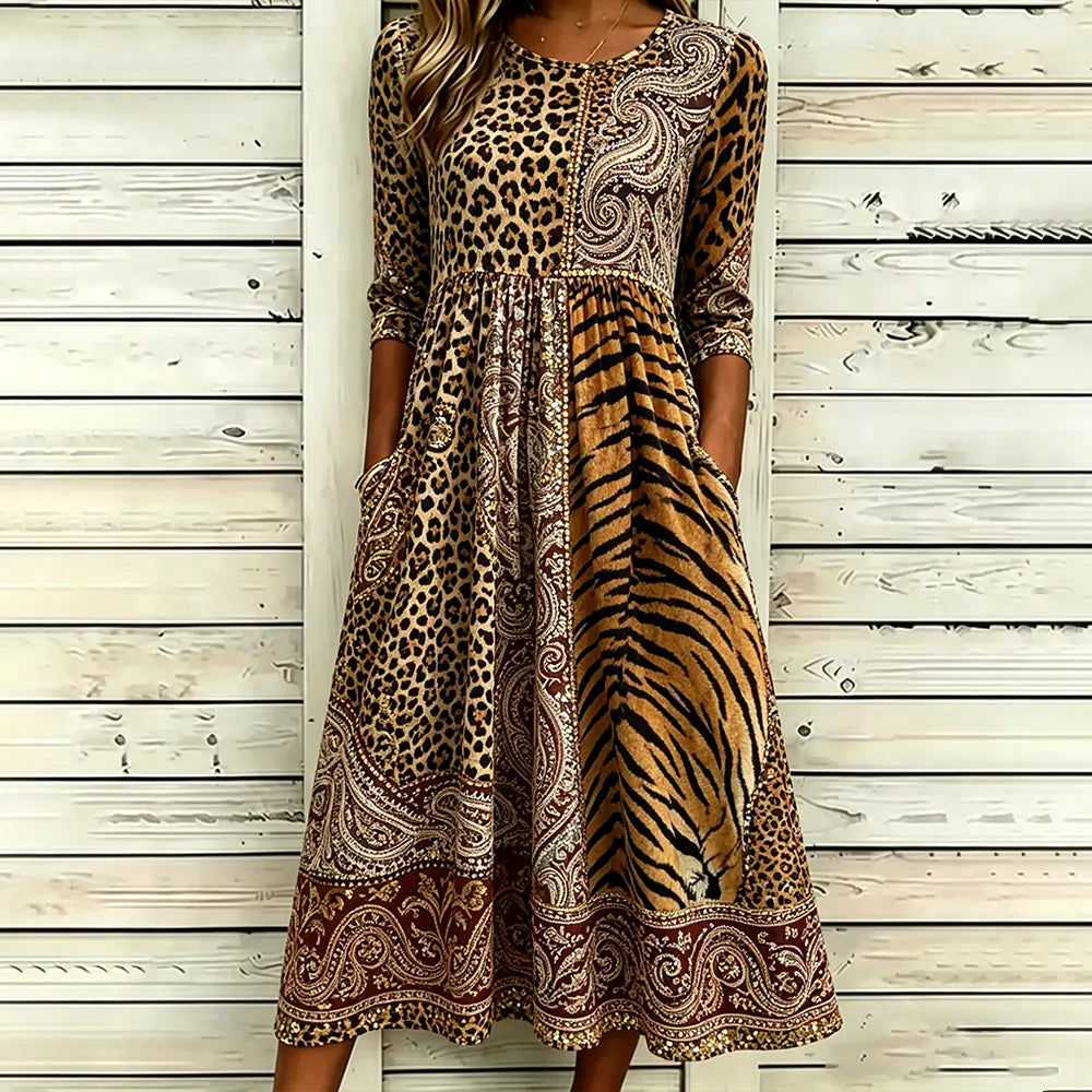 Women's Leopard And Animal Print Paisley Pattern Splicing Linen Blend Casual Mid-sleeve Dress
