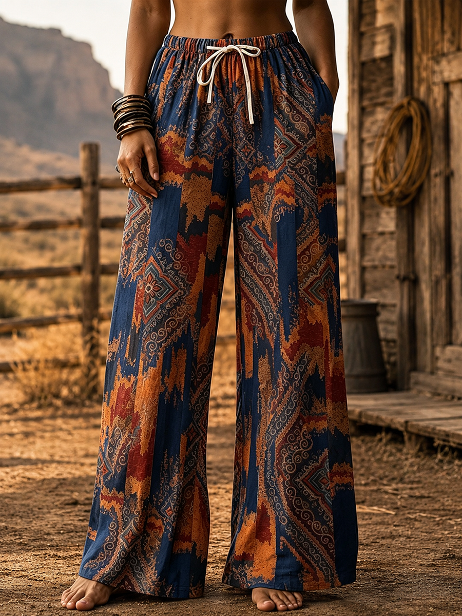 Women's Vintage Geometric Print Drawstring High Waist Western Pants