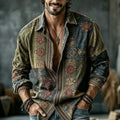 Men's Vintage Floral  Patchwork Embroidered Art Print Flowy Linen Blend Casual Shirt