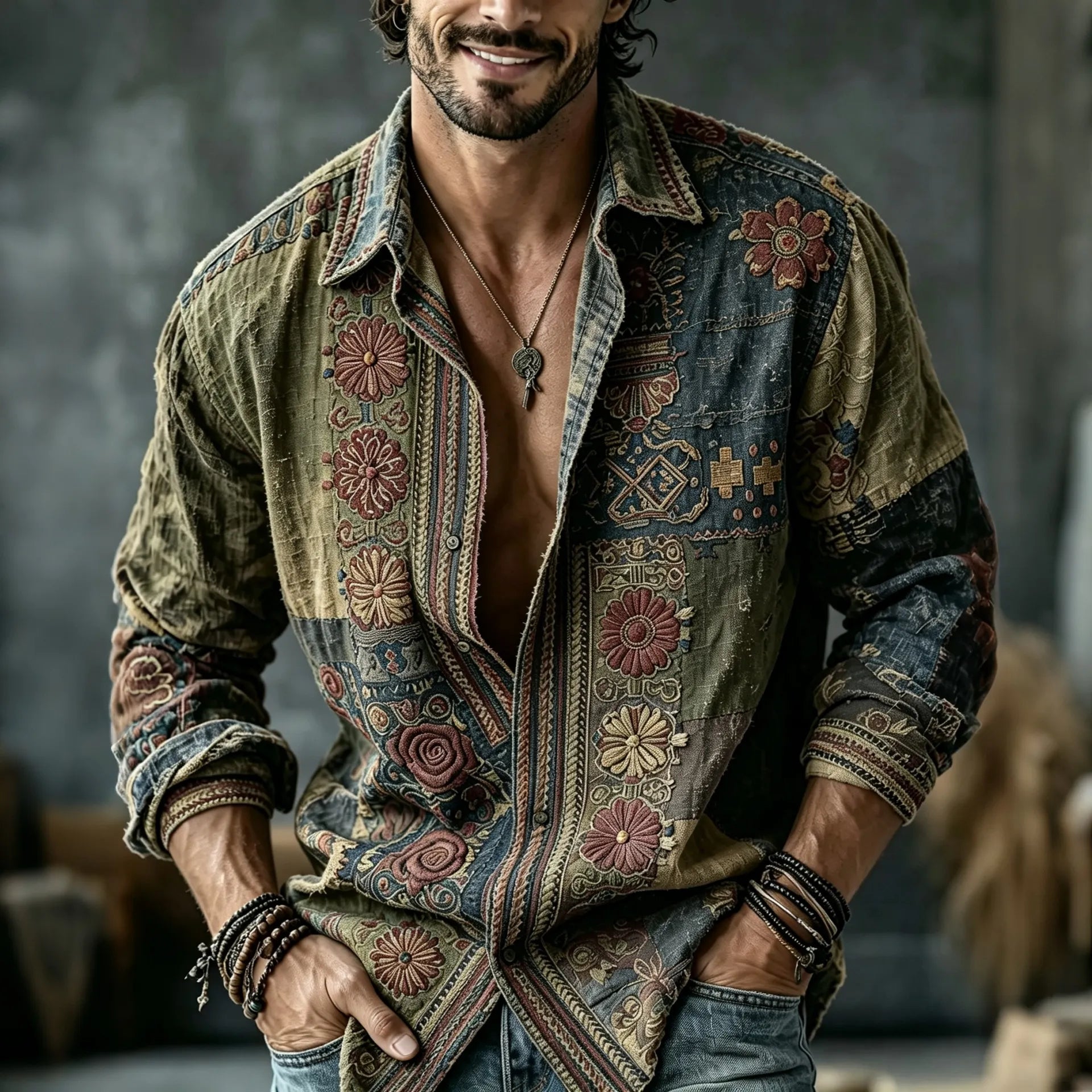 Men's Vintage Floral  Patchwork Embroidered Art Print Flowy Linen Blend Casual Shirt