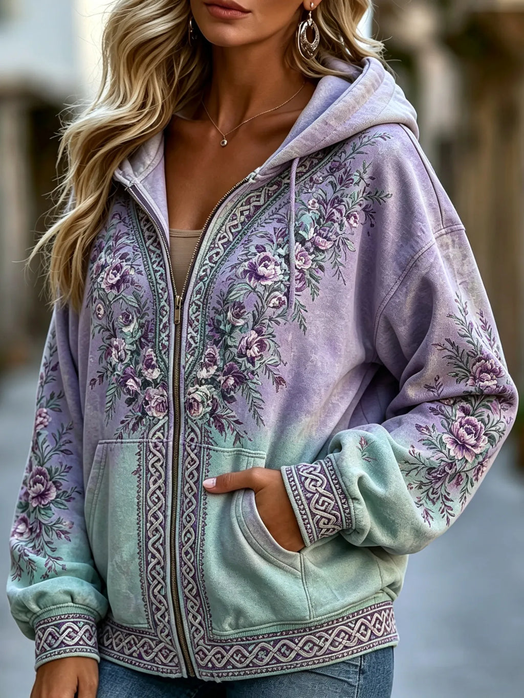 Women's Vintage Flowers Celtic Knot Gradient Art Casual Zip-up Hoodie